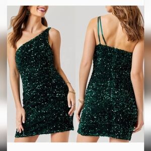 NWT Mi Amor Francesca's Hunter Green Sequin One Shoulder Bodycon Mini Dress